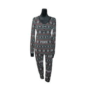 Victoria's Secret PINK Pajama Set Medium Black Fair Isle Snowflake Henley NWOT